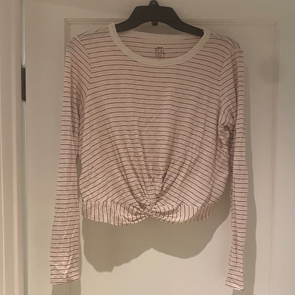 Aerie Pink and White Striped Twist Front Long Sleeve Tee